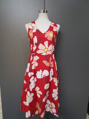 Marc o Polo Kleid Rot Apricot Gelb Blumen V-Ausschnitt Nahttaschen Gr 36 D54-20