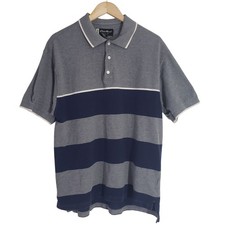 Eddie Bauer Mens Golf Polo Shirt Gray Navy Striped Cotton Short Sleeve Size L