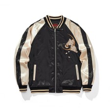 Japanese Sukajan Satin Bomber Jacket Dragon Embroidery Black Gold Varsity