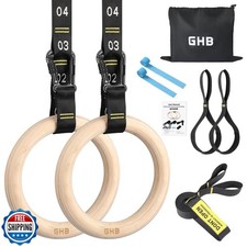 GHB Gymnastic Rings Wooden Gym Rings 1.25" Olympic Rings Adjustab