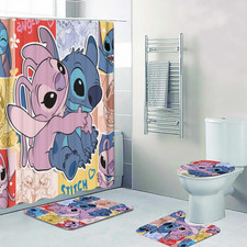 Angel Hugging Stitch Print Shower Curtain Bath Mat Toilet Lid Cover Mat