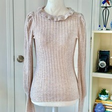 RARE Elie Tahari Cashmere Blend Rib Knit Ruffle Trim Sweater size S 