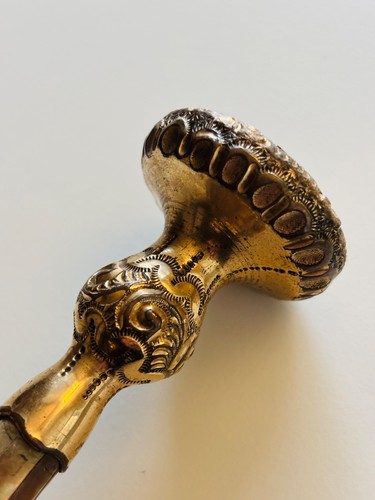 ANTIQUE GOLD ENGRAVED FLORAL MOTHER OF PEARL INLAY HANDLE BLACK UMBRELLA PARASOL