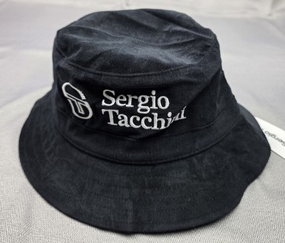 NWT Sergio Tacchini Bucket Hat Sz S Black Corduroy White EMbroidered Logo Tennis