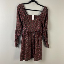 Gap Ruched Mini Dress Size Medium Long Sleeve Red Ditsy Floral Square Neck