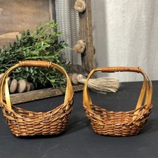 Vtg. Set Of 2 Hand Woven Mini BASKETS Wicker Earth Tones Cottage Country Easter
