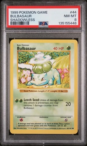 1999 POKEMON BASE SET SHADOWLESS #44 BULBASAUR PSA 8