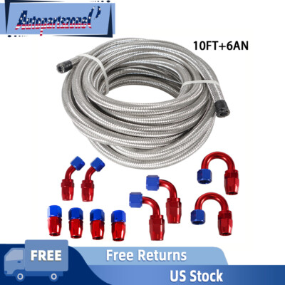 Silver Nylon Braided CPE Oil Gas Fuel Line Hose End Aluminum Fitting Kit 10FT6AN