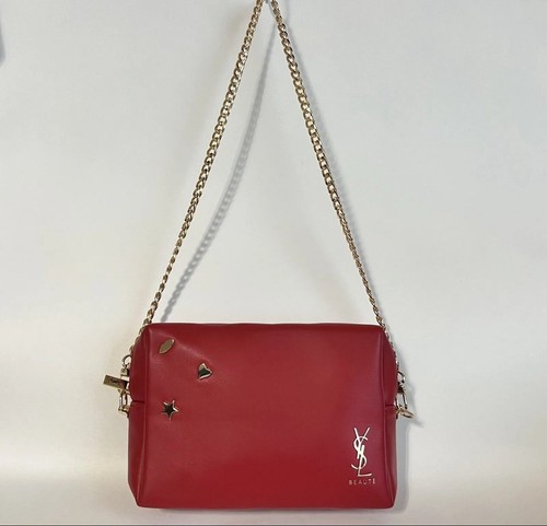 YSL Yves Saint Laurent Beaute Crossbody Gold Chain Purse Red Makeup Clutch Bag