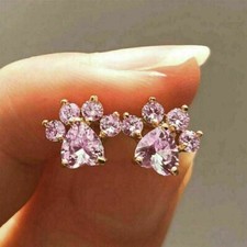 2Ct Heart Cut Simulated Pink Sapphire Dog Paw Stud Earrings 14K Rose Gold Plated