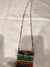 Handmade Seed Bead Bag Purse Pendant Necklace Southwestern 11" Multicolor