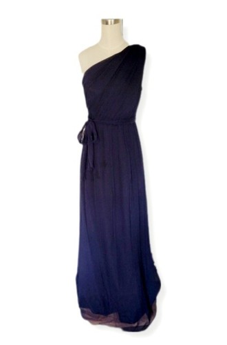 Amsale Dress Navy Blue 100% Silk One Shoulder Rouched Gown Belt Side Zip Size 6