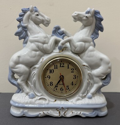 Vintage retro unicorn Horses  mantle clock, Acctim  QUARTZ Ceramic Clock .