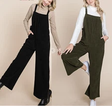 Vanilla Bay 50033 Corduroy Cropped Overall Side Buttons Adjustable BLACK OLIVE