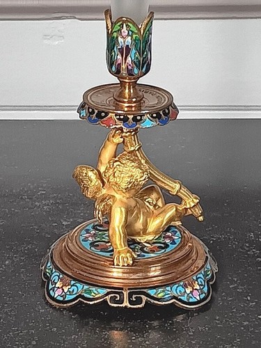 Antique Cloisonne Bronze and Crystal Vase w Cupid Angel Decor by Alphonse Giroux - Picture 6 of 12