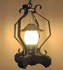 MID-CENTURY CEILING FIXTURE WESTERN SALOON SWAG LAMP SPANISH MEDIEVAL IRON WOOD