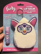 2025 FURBY White Plush Furry Stuffed Animal Key Chain Lip Balm Holder