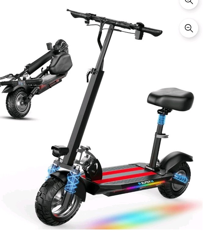 SUPER II 1200W Folding Seated Electric Scooter w/ Seat & Lights, Black/Red