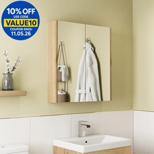 Image of 650 x 600mm Oak Bathroom Mirror Cabinet Storage Wall Mounted Cupboard Door Unit