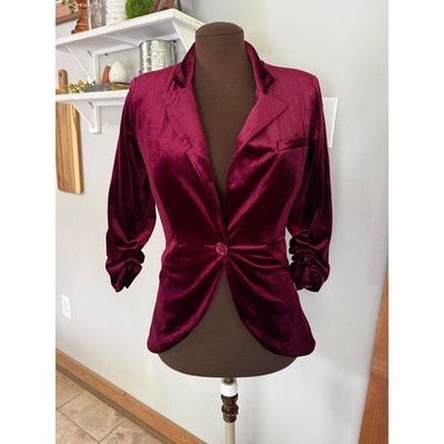 Esley Burgundy Velvet Ruched Sleeve Blazer Jacket XS Wine Red Single Button