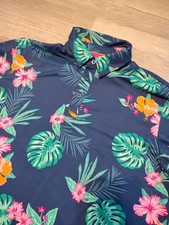 Birdie Bound Polo Shirt Mens M Blue Floral Hawaiian Performance Stretch Golf