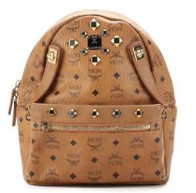 Authentic MCM Retro Dual Stark Backpack in Cognac Visetos Coated Canvas/ Leather