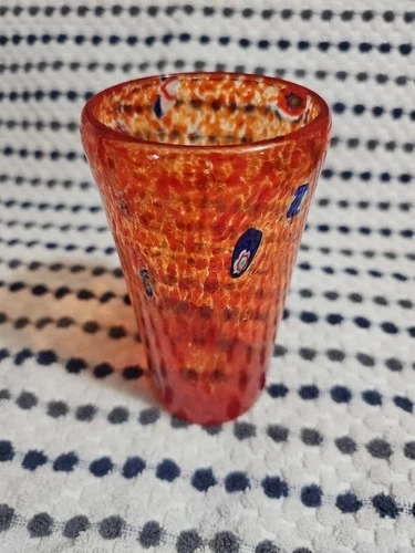 Vintage Murano Hand Blown Art Glass Red Millefiori Glasses Tumbler 7 1/2"