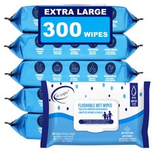 Flushable Wipes 6 Pack, 300 Wipes, Extra Large 7"x7", Gentle Cleansing Adult ...