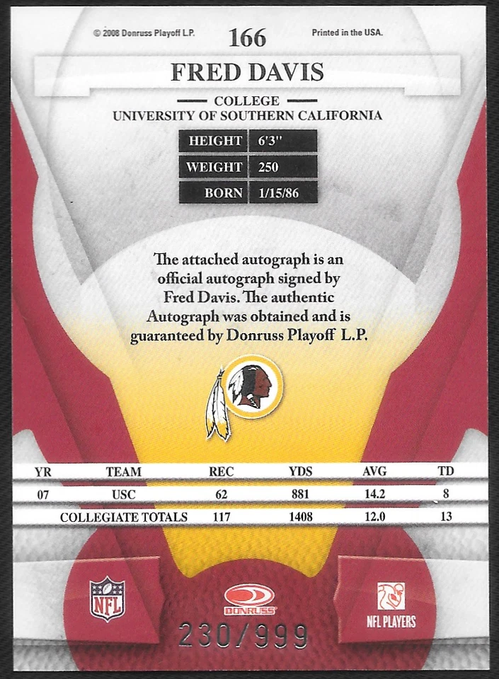 2008 Leaf Certified Fred Davis RC AUTO Materials #/999 Redskins Trojans #166 - Image 2 of 2
