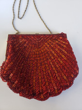 6 x 6 Red Beaded Lined Purse Evening Bag Clamshell Scallop Clutch Gold Chain