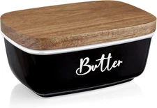 Black Butter Dish, ALELION Large Ceramic Butter Dish with Lid for Countertop, Bu