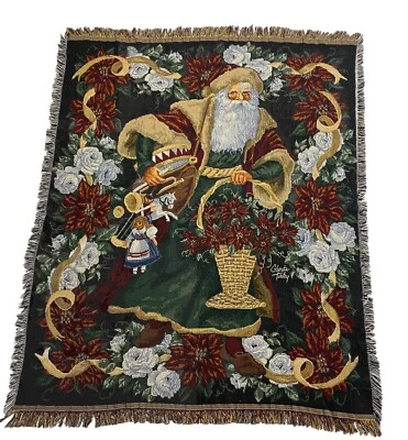 Vintage Santa Tapestry Lap Blanket Afghan Father Christmas Toys Cozy Cabincore - Image 1 of 4