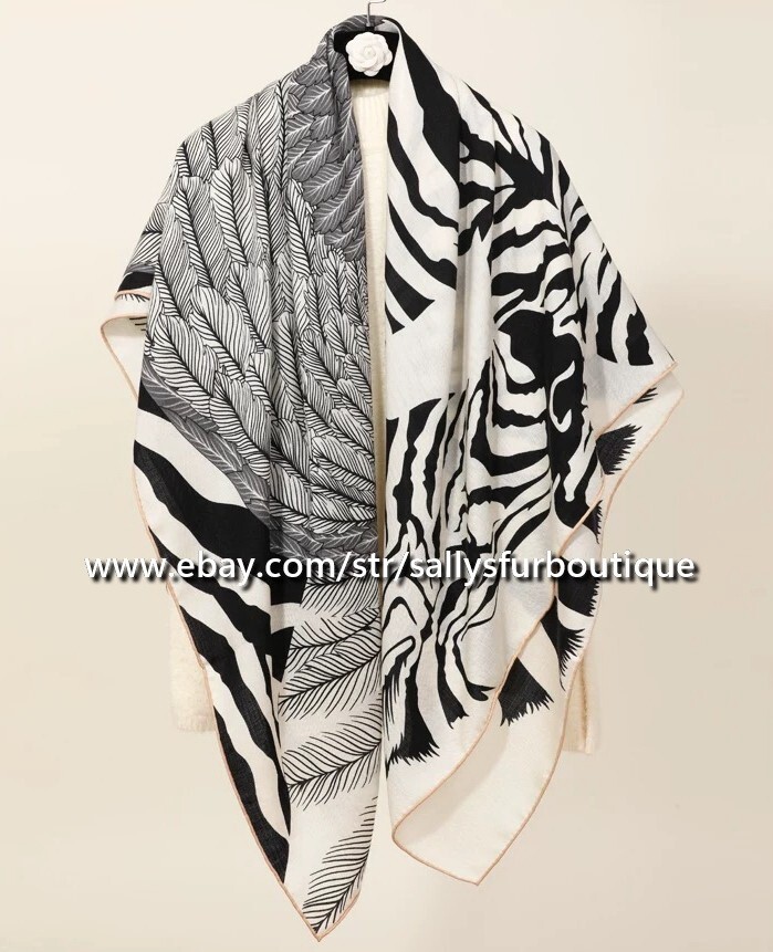Sallys70% Cashmere & 30% Silk Wrap Scarf Stole Zebra Feather Print Shawl 53