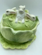Vintage Holland Mold Cabbage Leaf Covered Dish Jar with Lid and Rabbits Bunnies