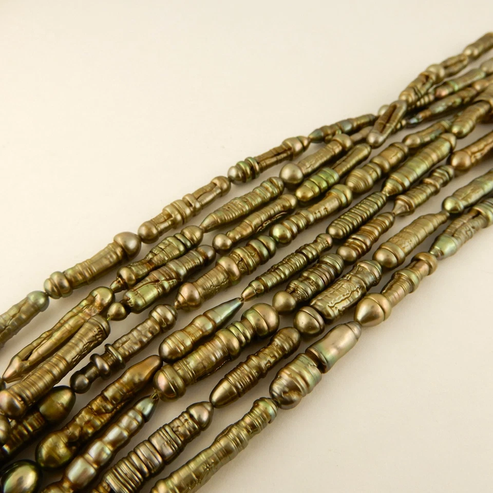 4mm x  21mm Olive Green Freshwater Biwa stick Pearls, approximately 16 beads - Image 2 of 4