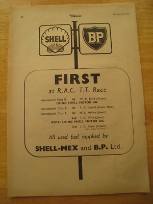 SHELL BP RAC TT RACE W R BAIRD FERRARI FRAZER NASH GERARD 1951 ADVERT ...