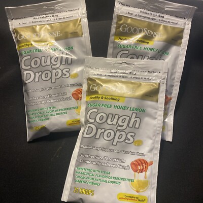 Good Sense Sugar-Free Honey Lemon Cough Drops - 3 Bags 25 drops in each bag