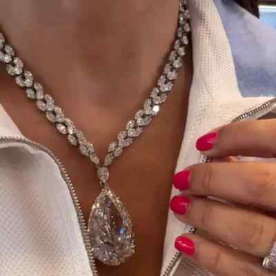 13Ct Pear Cut VVS1 Lab Created Sapphire Statement Necklace 14k White Gold Finish