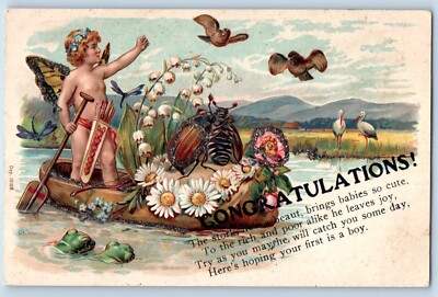Congratulations Postcard Stork Cupid Boating Lightning Bug Glitter Embossed