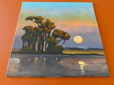 William Hawkins Signed Oil on Canvas Board Painting Sunset Landscape w/ Trees