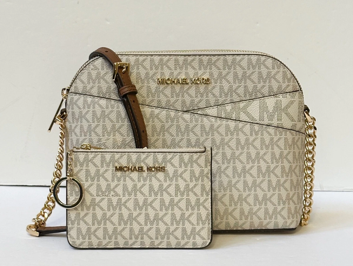 Michael Kors Jet Set Travel Medium Dome Crossbody Bag Pvc Logo Signature  Vanilla