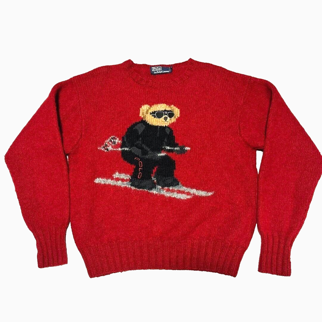 Ralph Lauren Polo Vintage Bear Red Ski Bear Hand Knit Sweater M