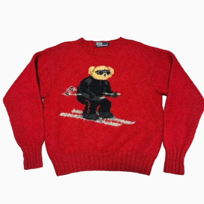 Ralph Lauren Polo Vintage Bear Red Ski Bear Hand Knit Sweater M