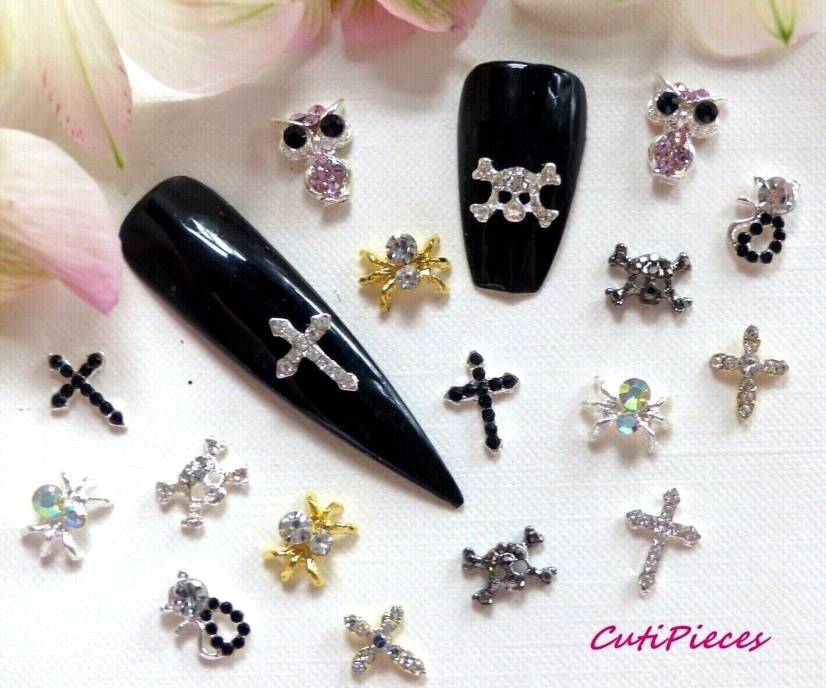 3D Alloy Nail Art Gothic Steam Punk Skull Cross Bones Rhinestone Spider Cat  Owl