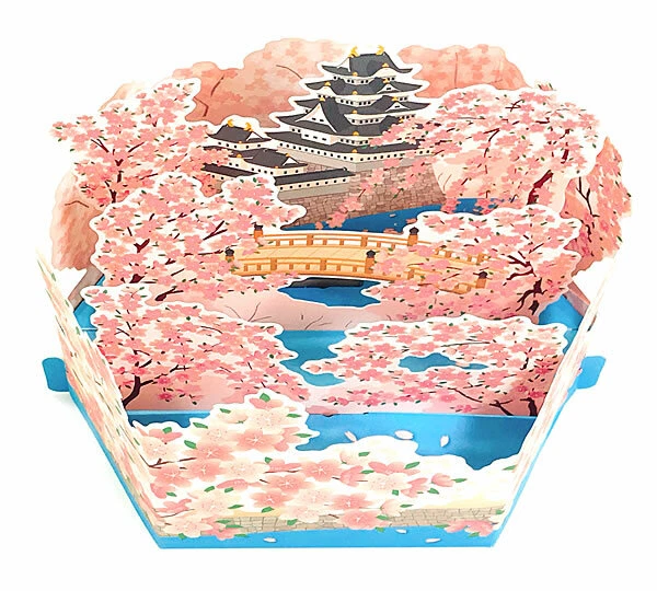 Tarjeta de felicitación emergente flor de cerezo con tarjeta floral 3D castillo blanco Foto 3 de 4