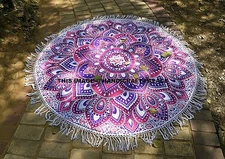 Indian Cotton Beach Throw Decor Mat 72" Ombre Mandala Round Tassel Pink Tapestry