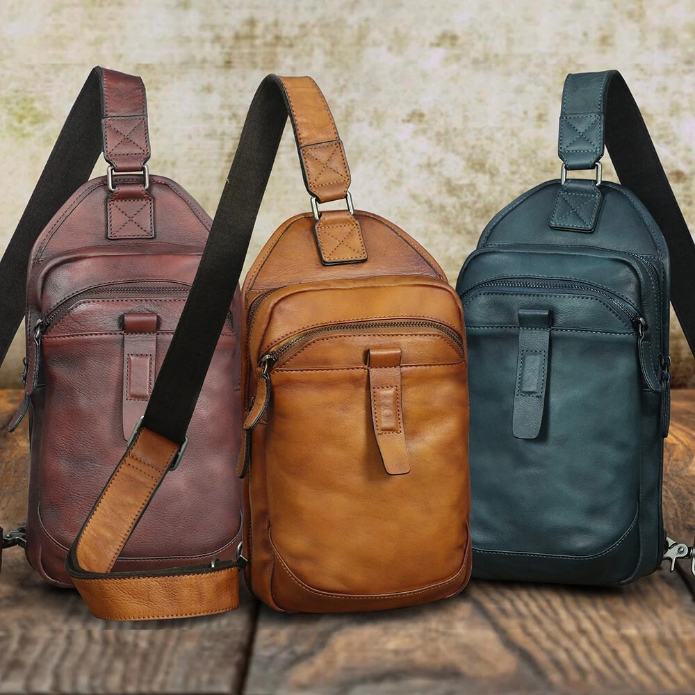 Genuine Leather Silng Bag for Men and Women Retro Leather Sling Backpack Purse