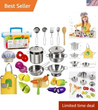 23-Piece Play Kitchen Set with Wooden Food Stainless Steel Cookware for Kids