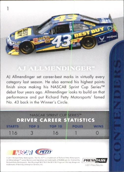 2011 Press Pass Premium #1 A.J. Allmendinger - RAC - Image 2 of 2