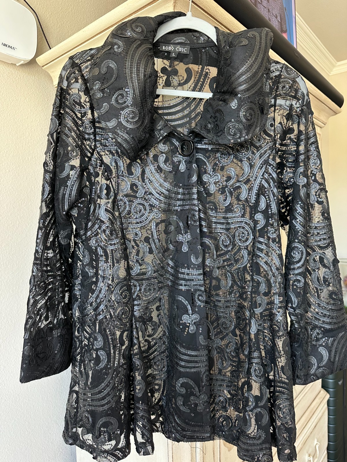 "Boho Chic" Black Sequin Button Down Swing  Jacke… - image 1